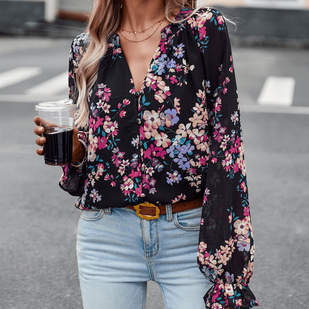 Vianne - Elegante blusa floral de manga larga con cuello en V