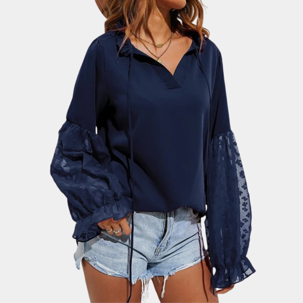 Xamira - Elegante blusa suelta de manga farol con cuello anudado