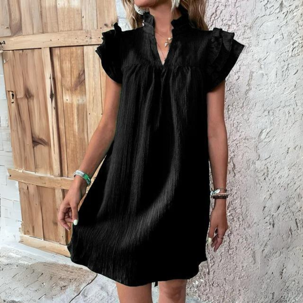 Zienna - Elegante minivestido de manga corta con volante y cuello en V