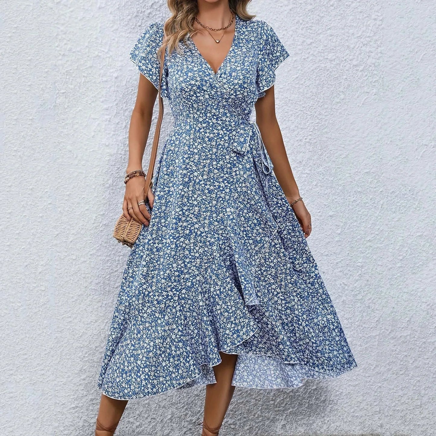 Veyana - Elegante vestido midi floral con escote en V y manga corta dividida