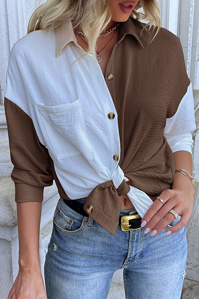 Yvonne - Elegante blusa de cuello vuelto con patchwork de bloques de color