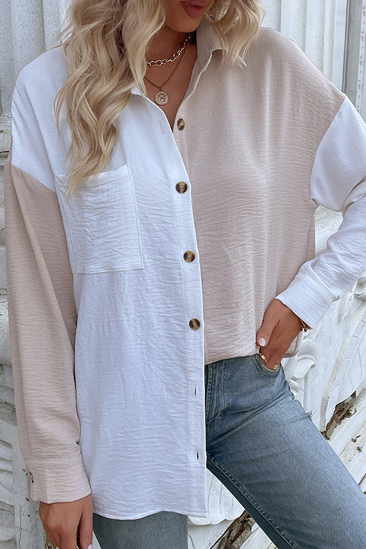 Yvonne - Elegante blusa de cuello vuelto con patchwork de bloques de color