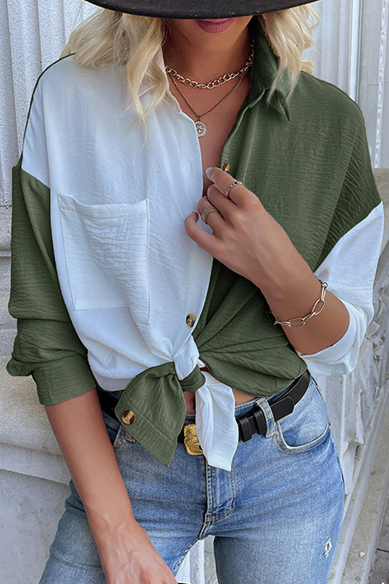 Yvonne - Elegante blusa de cuello vuelto con patchwork de bloques de color