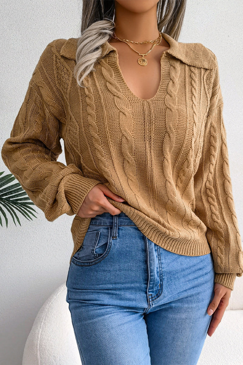 Zoe - Elegante blusa de manga larga de punto con cuello en U y cuello vuelto