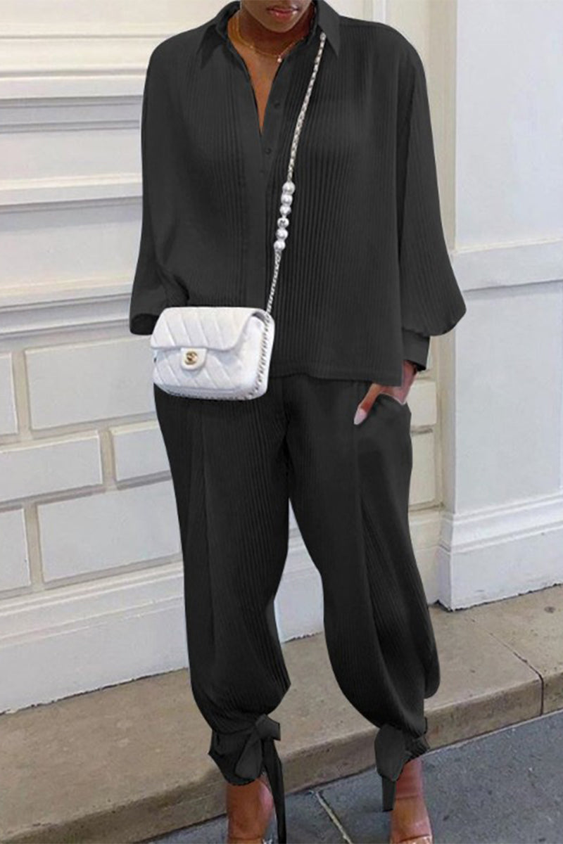 Wendy - Elegante conjunto de polo acanalado de manga larga y pantalón