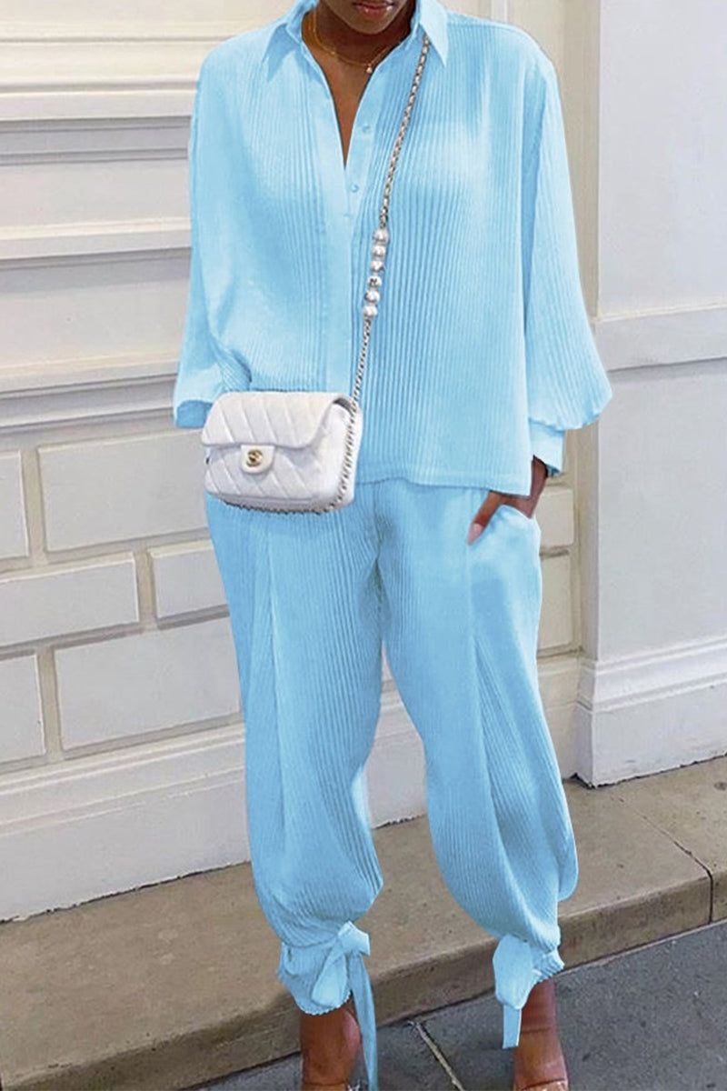 Wendy - Elegante conjunto de polo acanalado de manga larga y pantalón