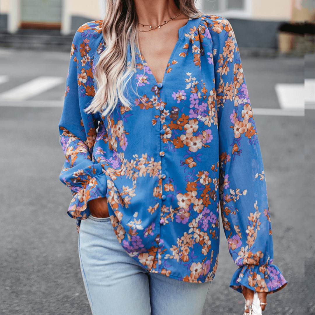 Vianne - Elegante blusa floral de manga larga con cuello en V