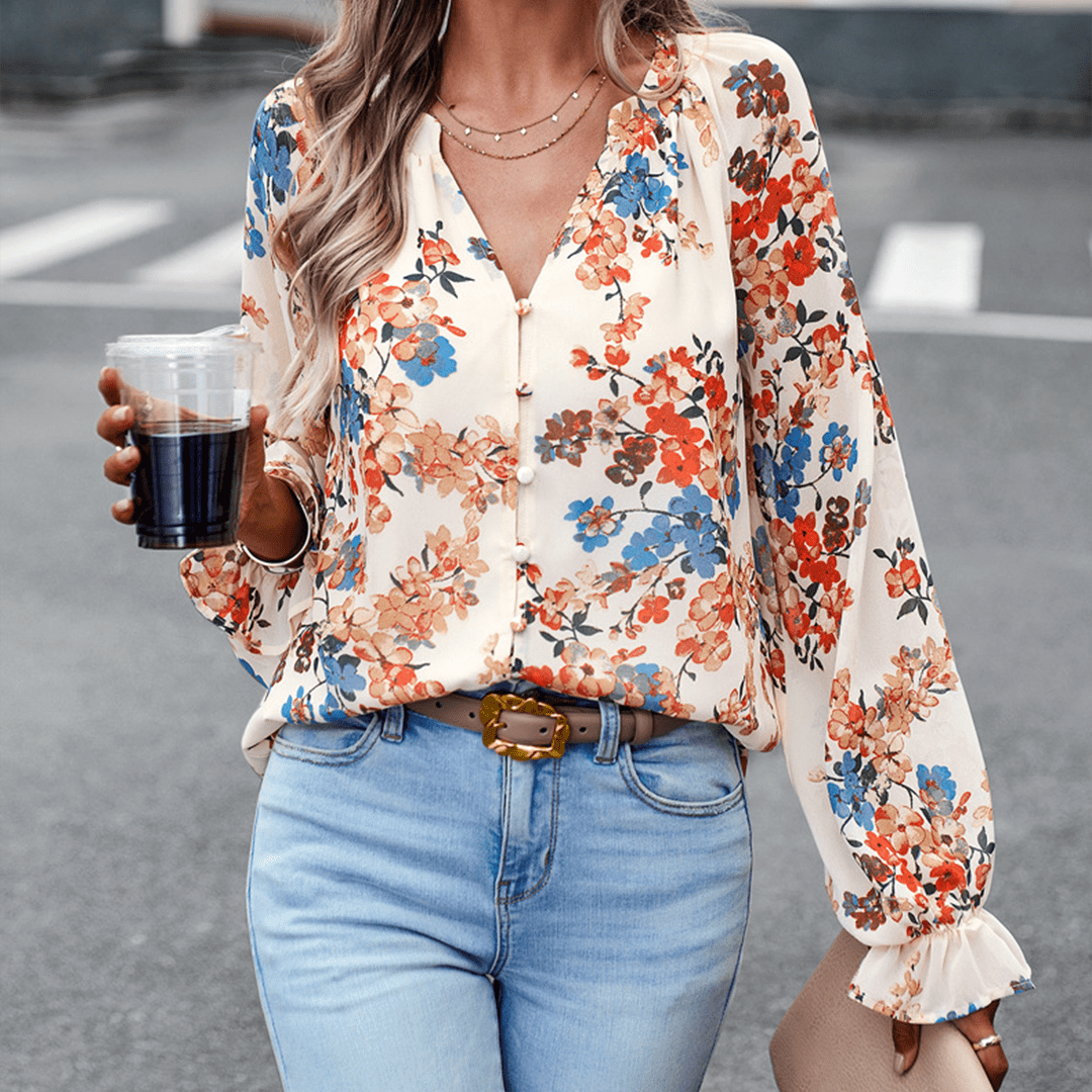 Vianne - Elegante blusa floral de manga larga con cuello en V