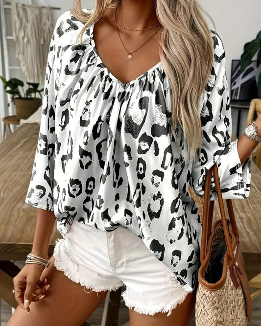 Xylaine - Elegante blusa suelta con cuello en V y estampado de leopardo de manga larga
