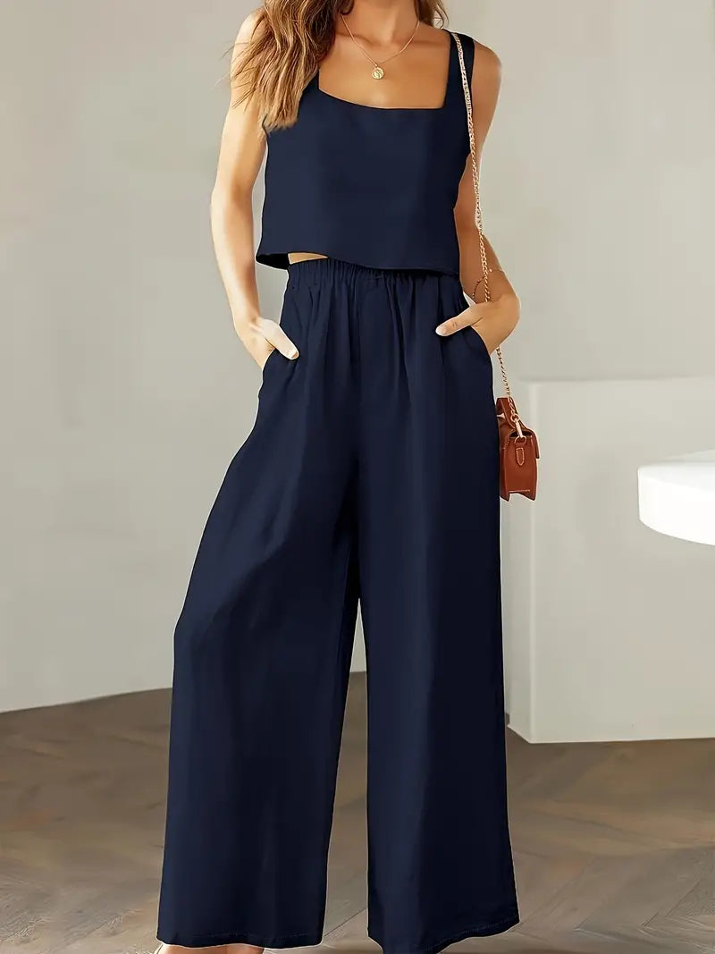 Xandrine - Top sin mangas de estilo casual y pantalón de pierna ancha