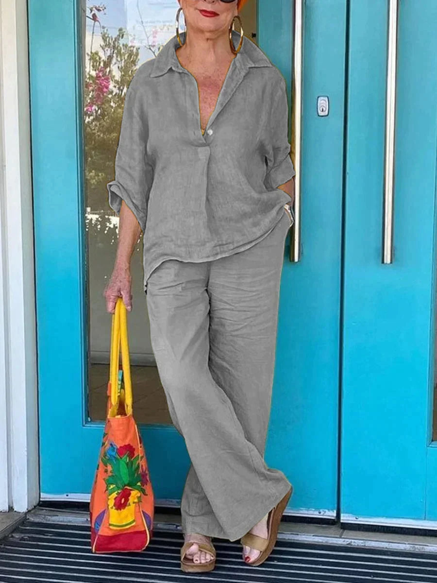 Yasmin - Elegante conjunto de blusa suelta de manga larga y pantalón