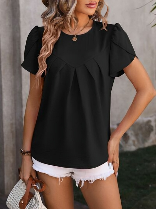 Yasmine - Elegante blusa con cuello redondo fruncido y manga pétalo