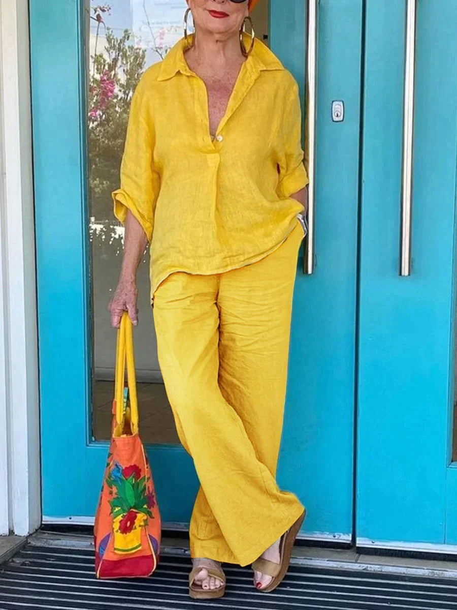 Yasmin - Elegante conjunto de blusa suelta de manga larga y pantalón