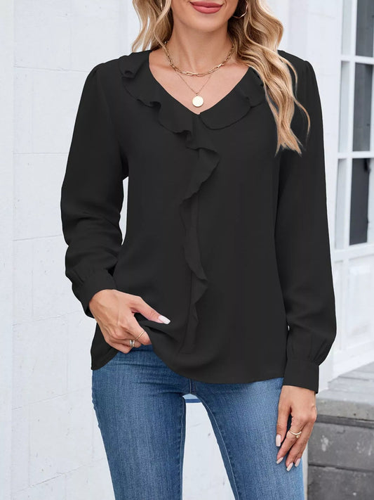 Zerlina - Elegante blusa de manga larga con cuello en V y volantes