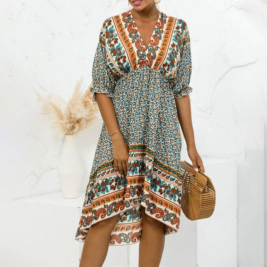 Verosha - Elegante vestido midi floral de media manga y profundo escote en V