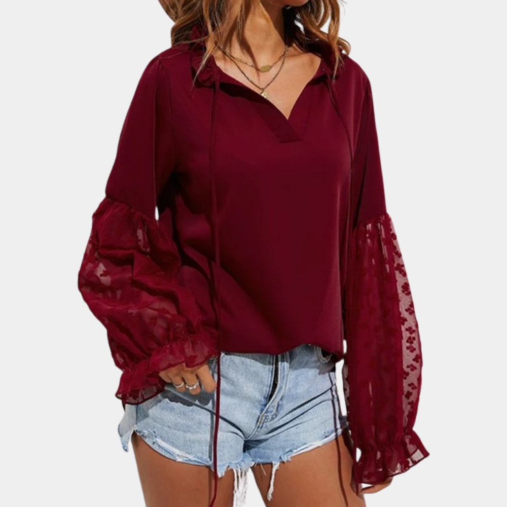 Xamira - Elegante blusa suelta de manga farol con cuello anudado