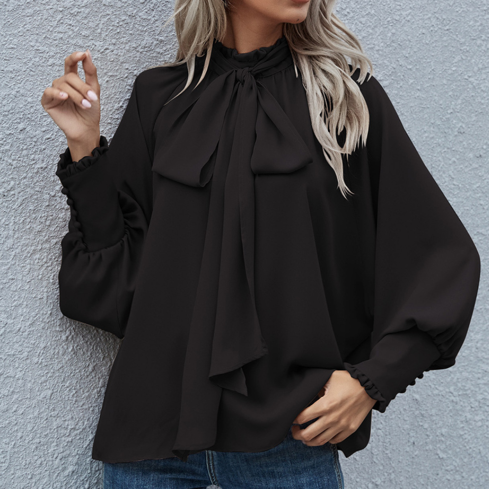 Yvessa - Elegante blusa suelta de cuello alto y manga larga