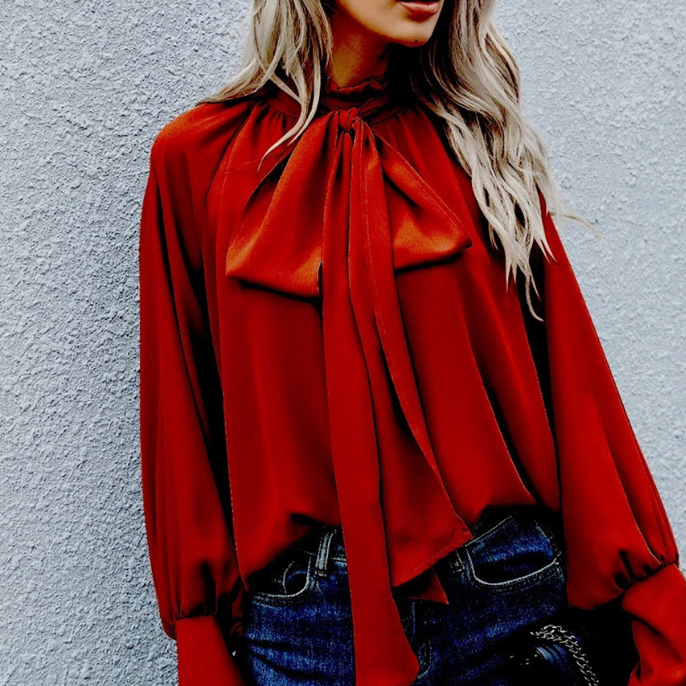 Yvessa - Elegante blusa suelta de cuello alto y manga larga