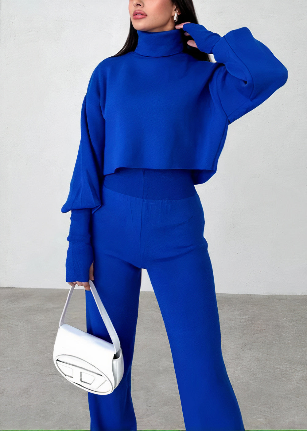 Vallory - Elegante conjunto de jersey corto de cuello alto y pantalón recto