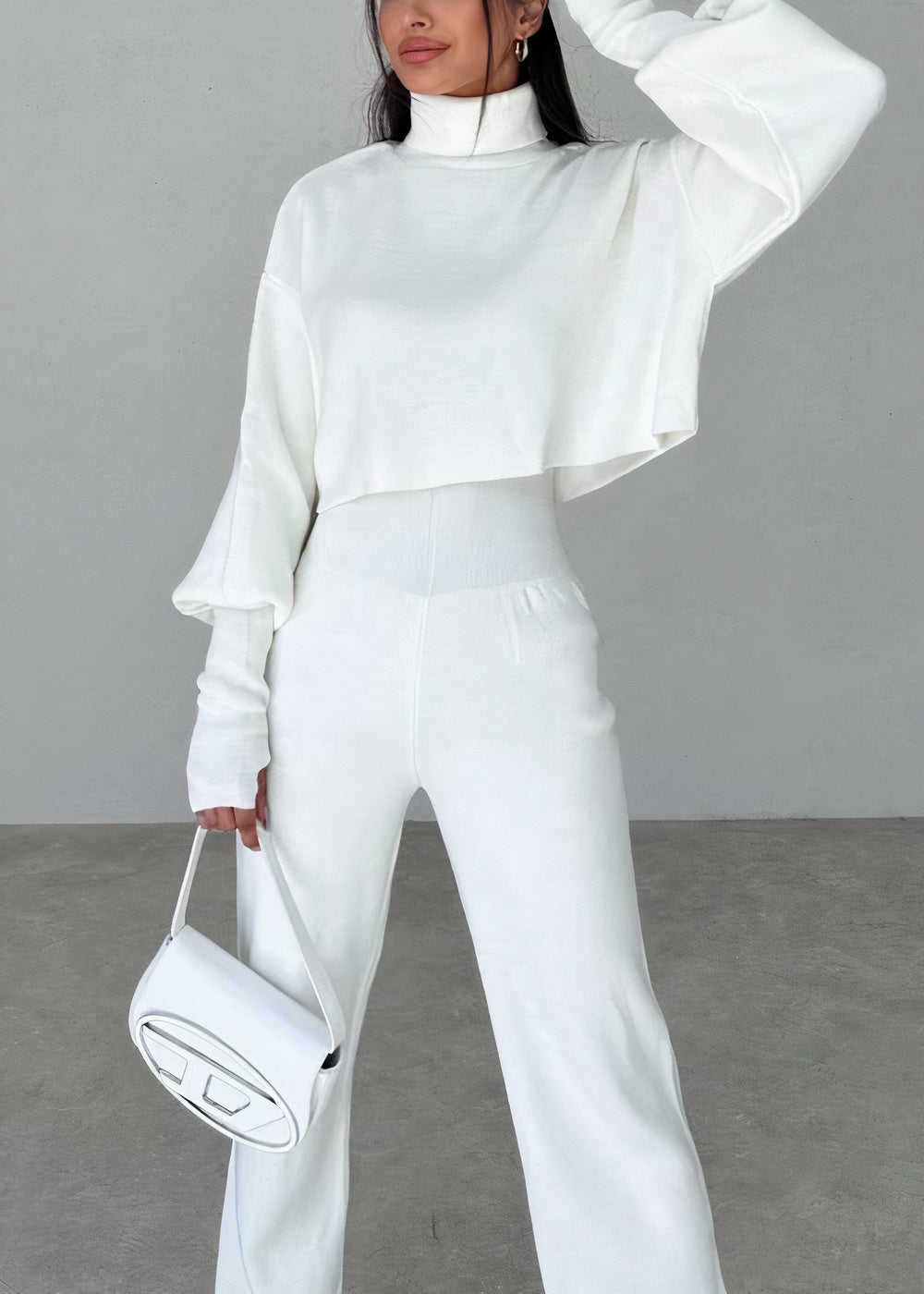 Vallory - Elegante conjunto de jersey corto de cuello alto y pantalón recto