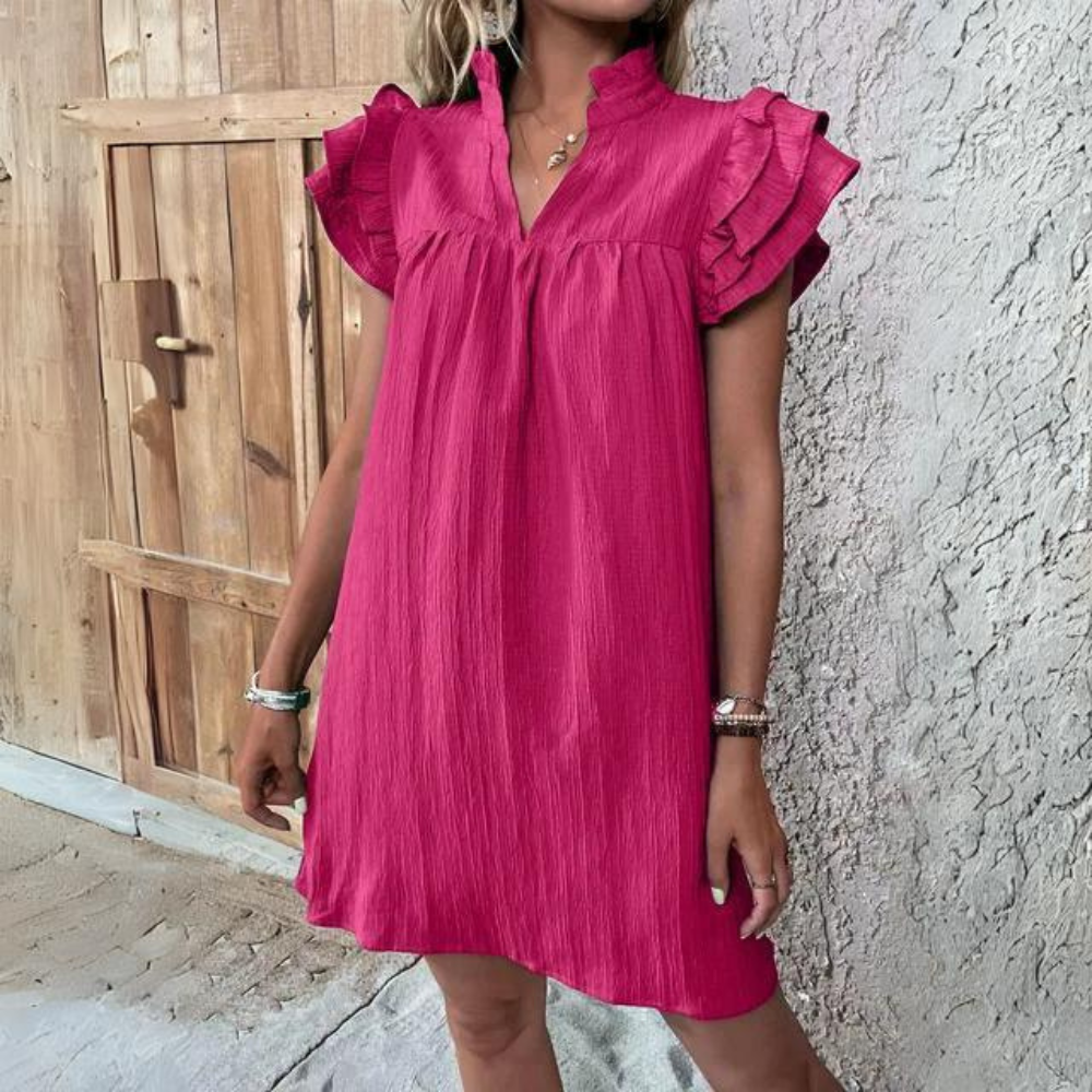 Zienna - Elegante minivestido de manga corta con volante y cuello en V