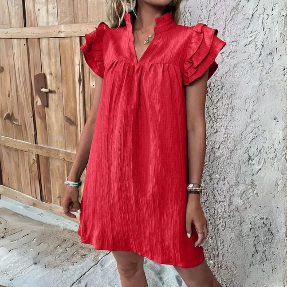 Zienna - Elegante minivestido de manga corta con volante y cuello en V