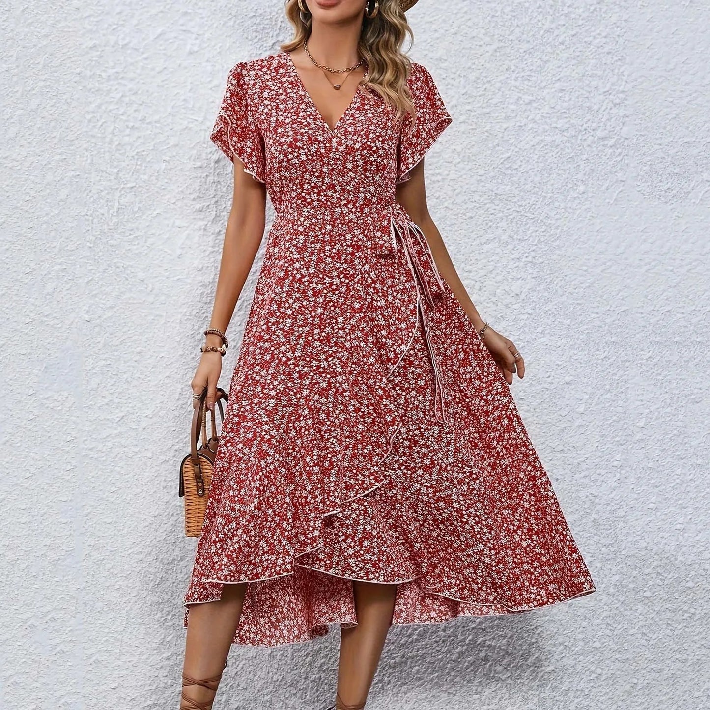 Veyana - Elegante vestido midi floral con escote en V y manga corta dividida