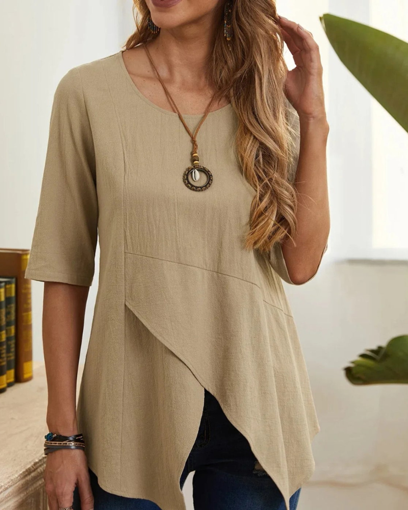 Zayda - Blusa casual suelta asimétrica de cuello redondo