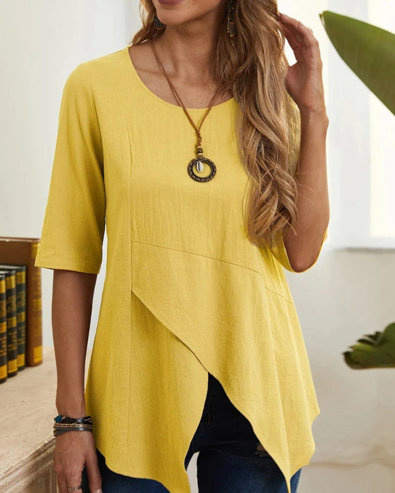 Zayda - Blusa casual suelta asimétrica de cuello redondo