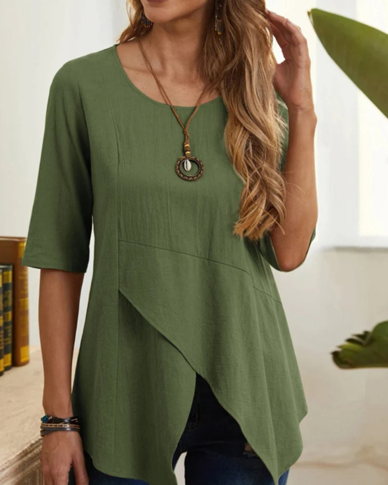 Zayda - Blusa casual suelta asimétrica de cuello redondo