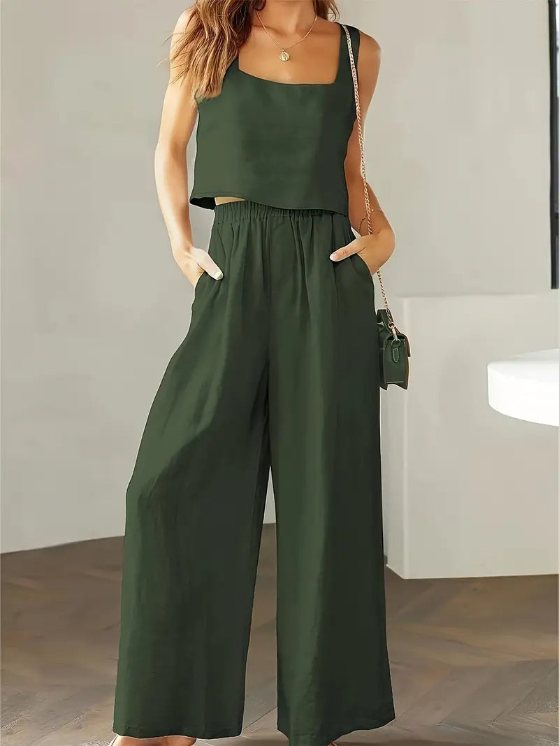 Xandrine - Top sin mangas de estilo casual y pantalón de pierna ancha