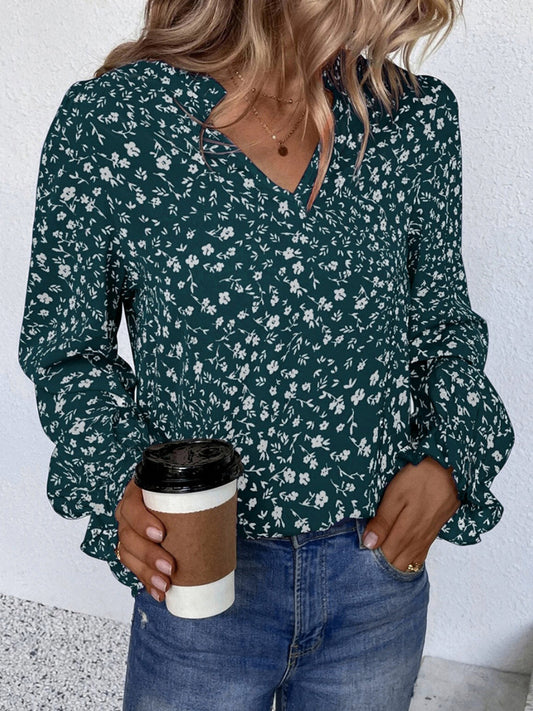Valeria - Elegante blusa floral de manga larga con volante y cuello de muesca