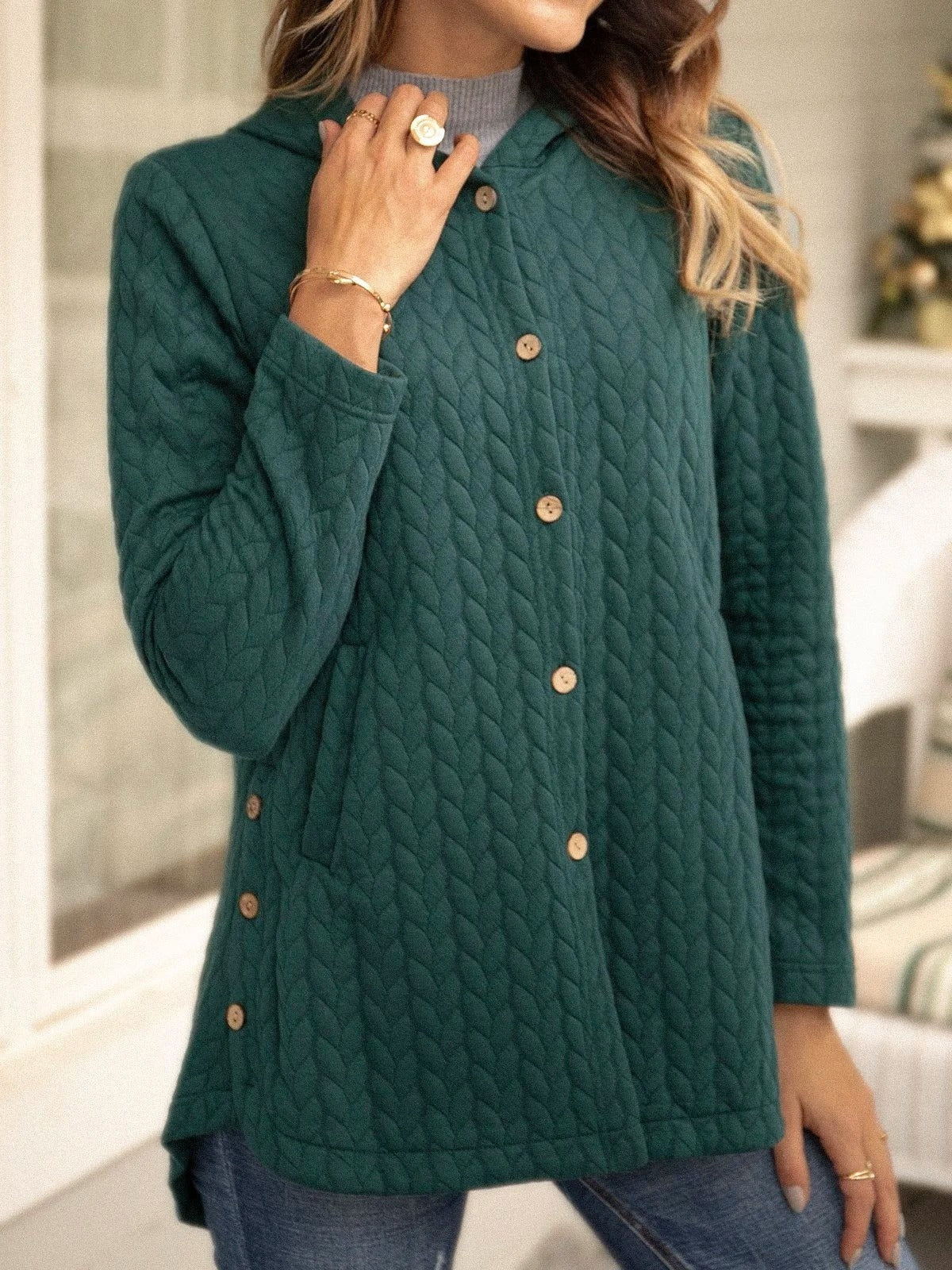 Yazmine - Cárdigan informal y versátil de punto con capucha y botones