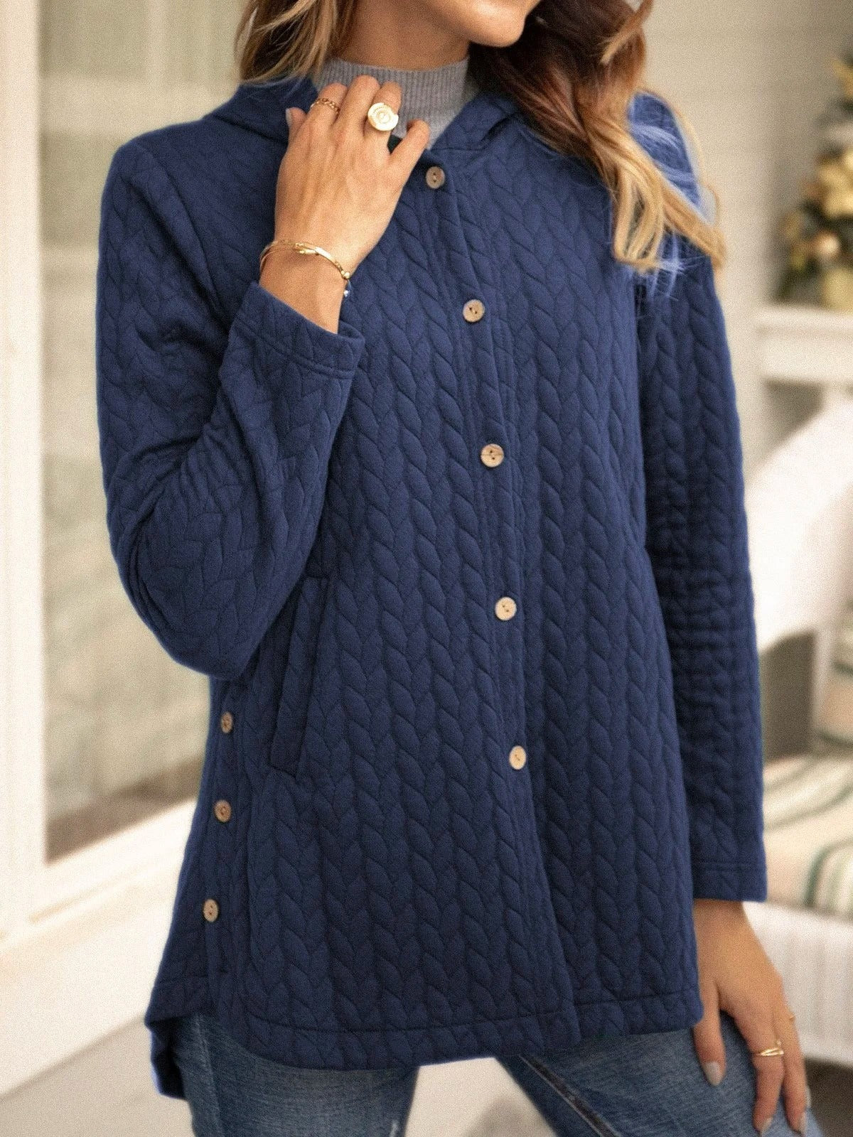 Yazmine - Cárdigan informal y versátil de punto con capucha y botones