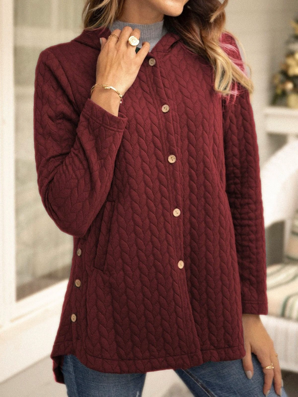 Yazmine - Cárdigan informal y versátil de punto con capucha y botones