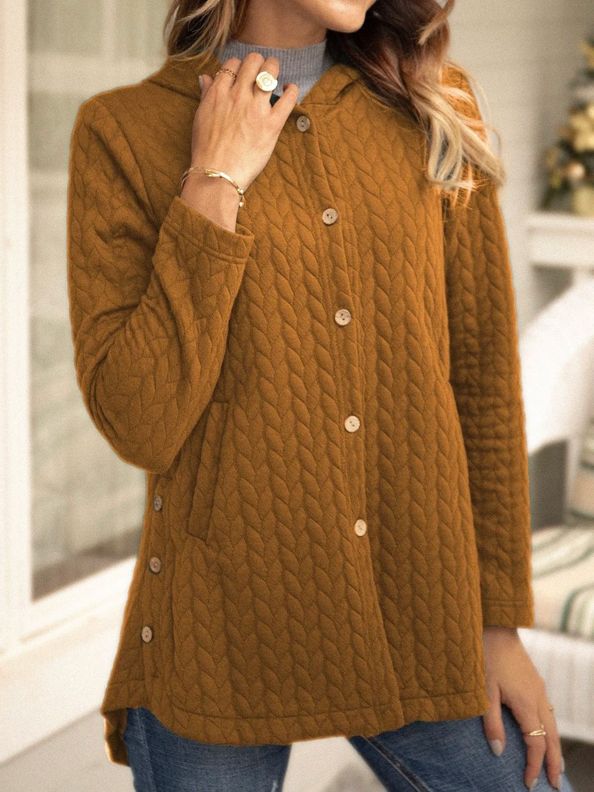 Yazmine - Cárdigan informal y versátil de punto con capucha y botones